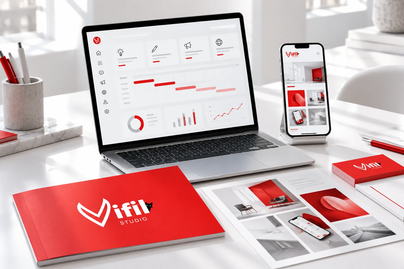 Escena conceptual de VIFIL: identidad de marca, contenido, sitio web y gestión digital conectados