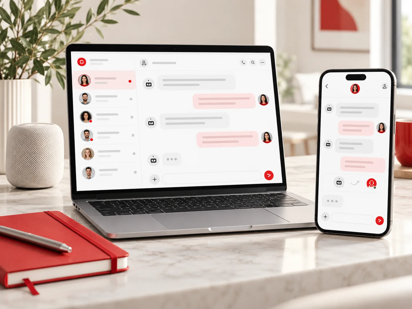 Representación conceptual de conversaciones de atención al cliente en escritorio y móvil