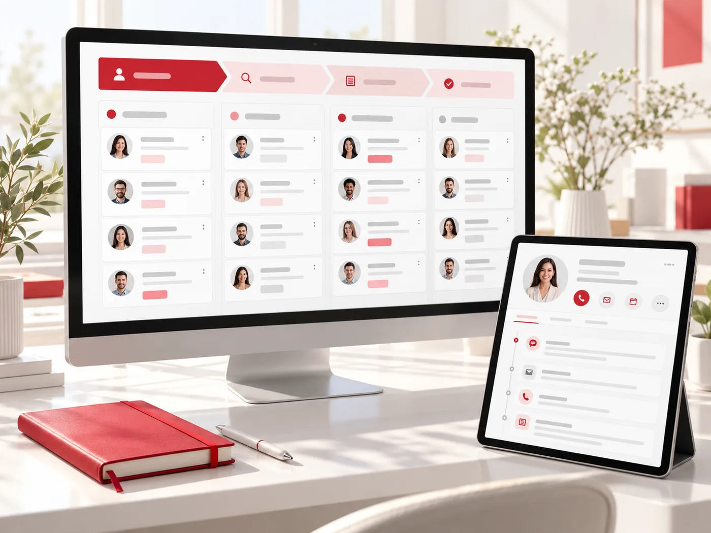 Representación conceptual de un CRM con etapas comerciales y seguimiento de contactos