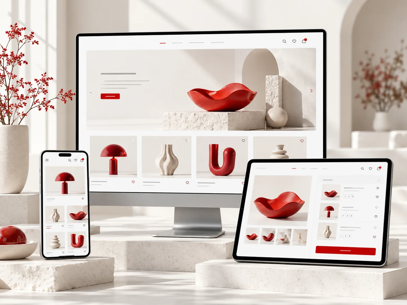 Representación conceptual de una tienda online adaptable a escritorio, tablet y móvil